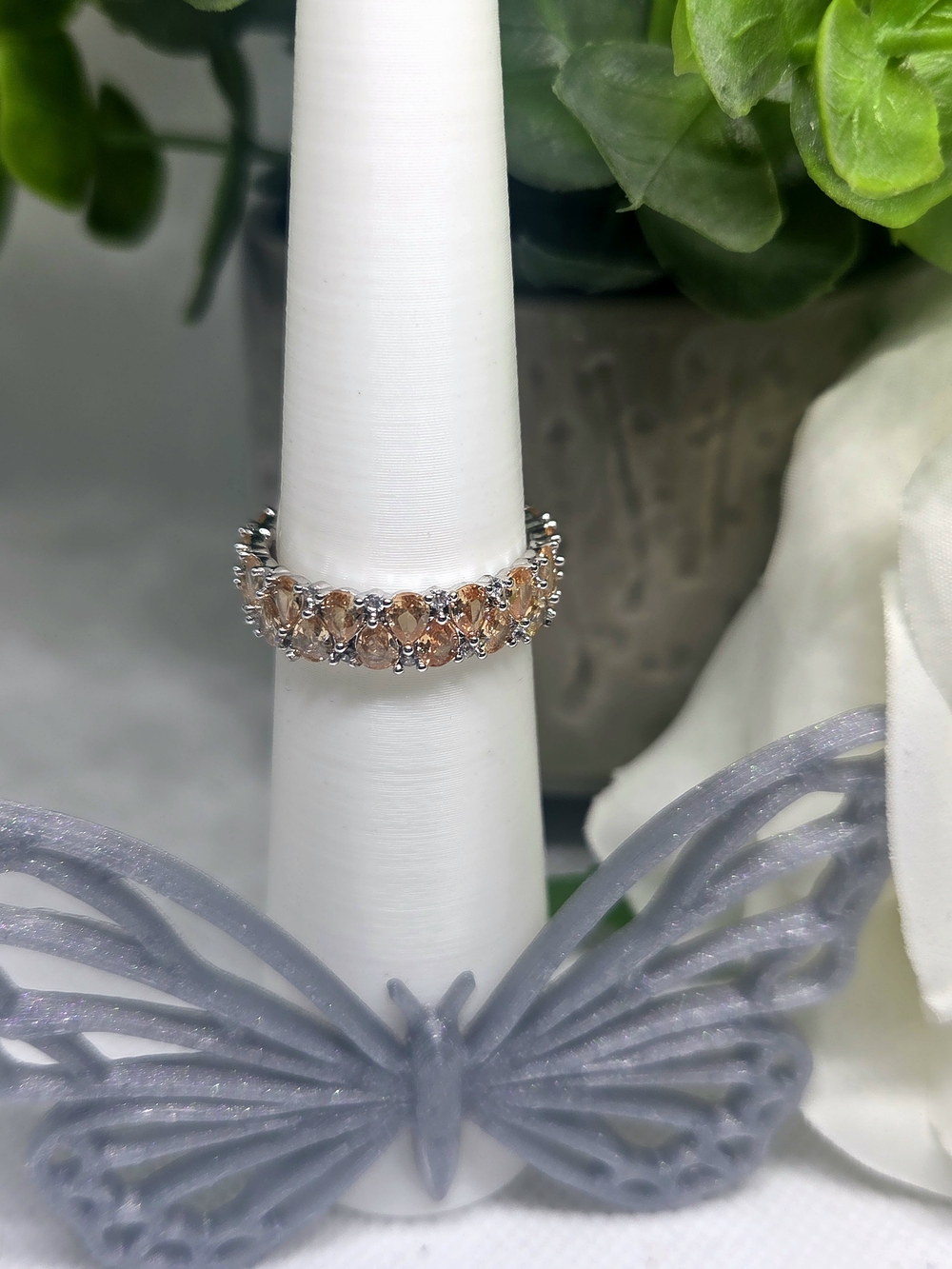 Elegant Smokey Topaz CZ Eternity Band On Rhodium Plating